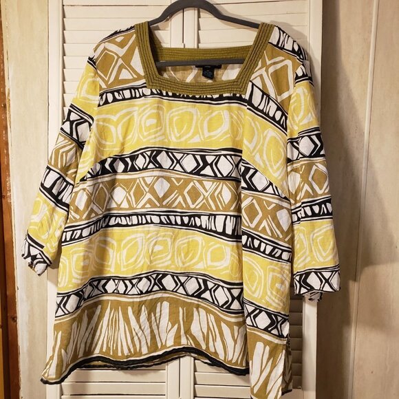 Saint Tropez West 100% Linen Top | Yellow & Black | Size 2X - Picture 1 of 5